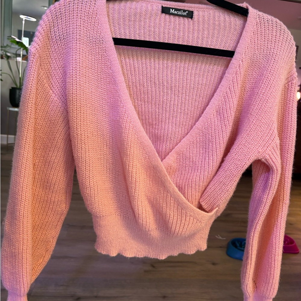 Pink V-Neck Wrap Sweater